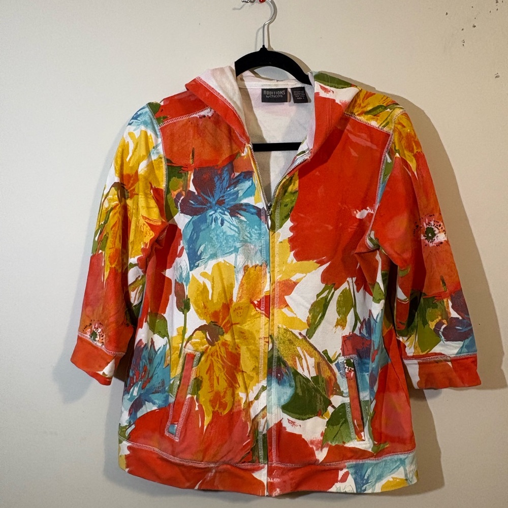 Additions by Chico women’s small hoodie floral orange red yellow 3/4 sleeves zip